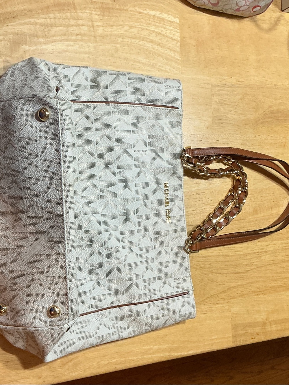 Michael Kors White Logo Tote with Brown Leather & Gold Chain Straps